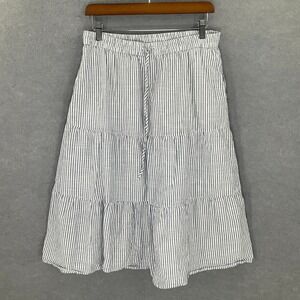 Talbots Petite Midi Skirt Sz M Striped Tiered Drawstring Elastic Waist Cotton